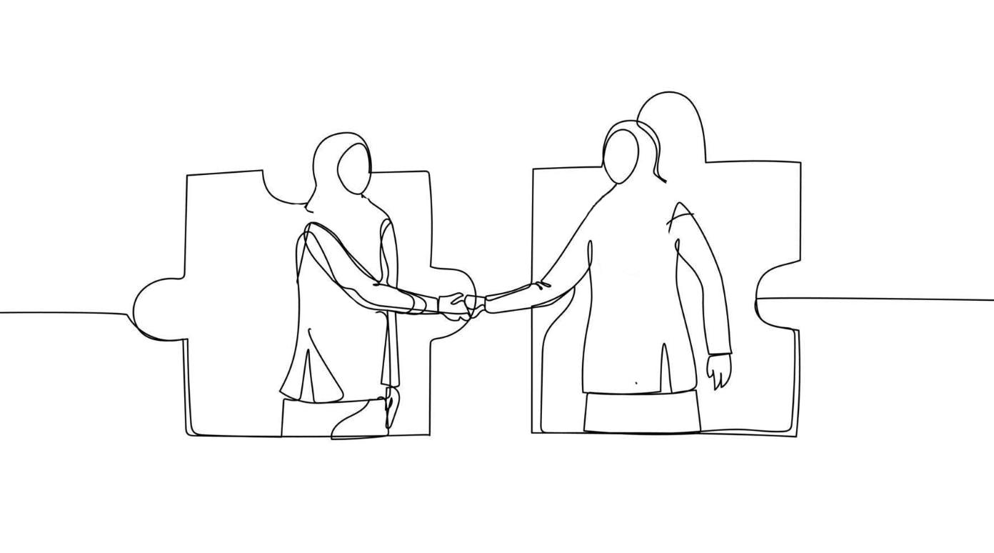 Line drawing of two people shaking hands, each inside a puzzle piece that fits the other