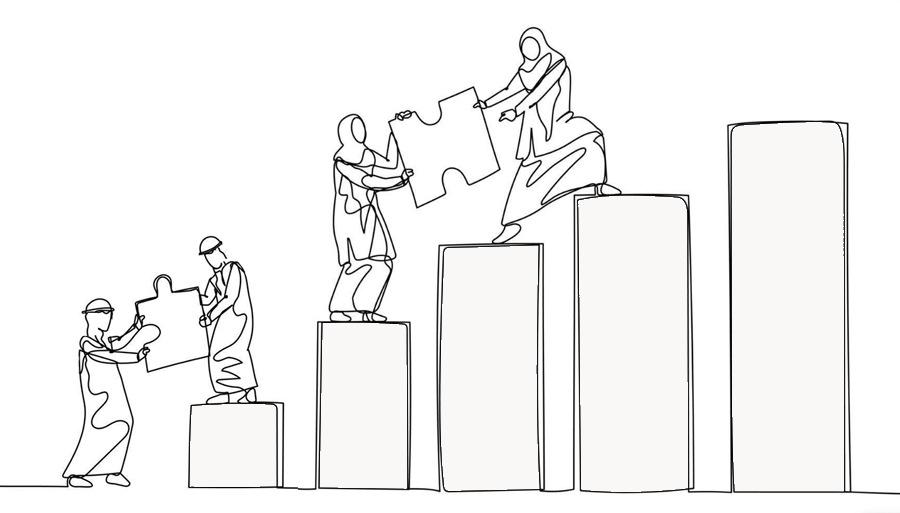 Line drawing of people helping each other climb a rising bar chart, fitting puzzle pieces together